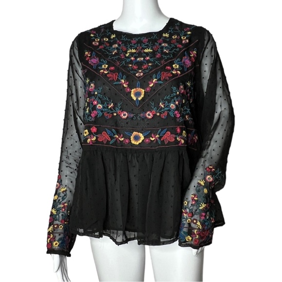 Allison New York Tops - Black Embroidered Peplum Blouse with Sheer Sleeves